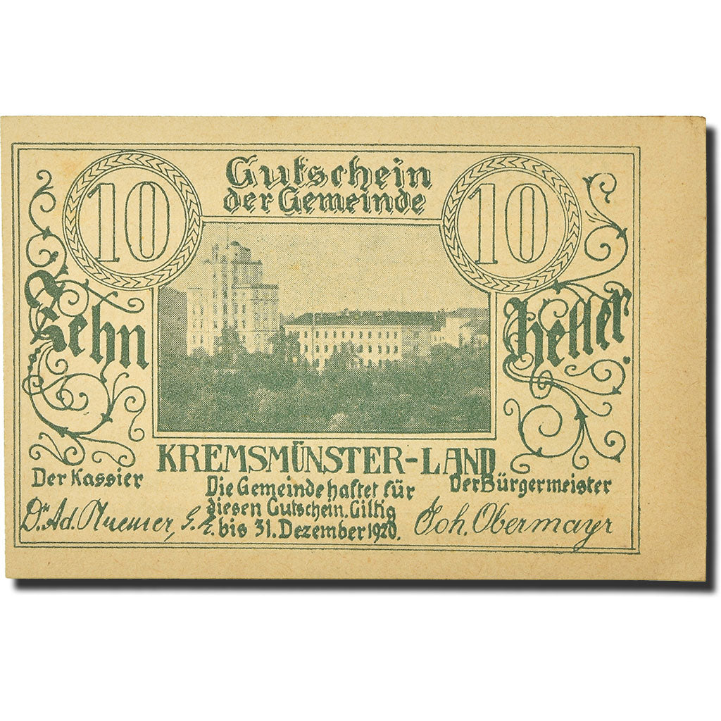 Banknote, Austria, Kremsmunster, 10 Heller, paysage, 1920, 1920-12-31, UNC(63)