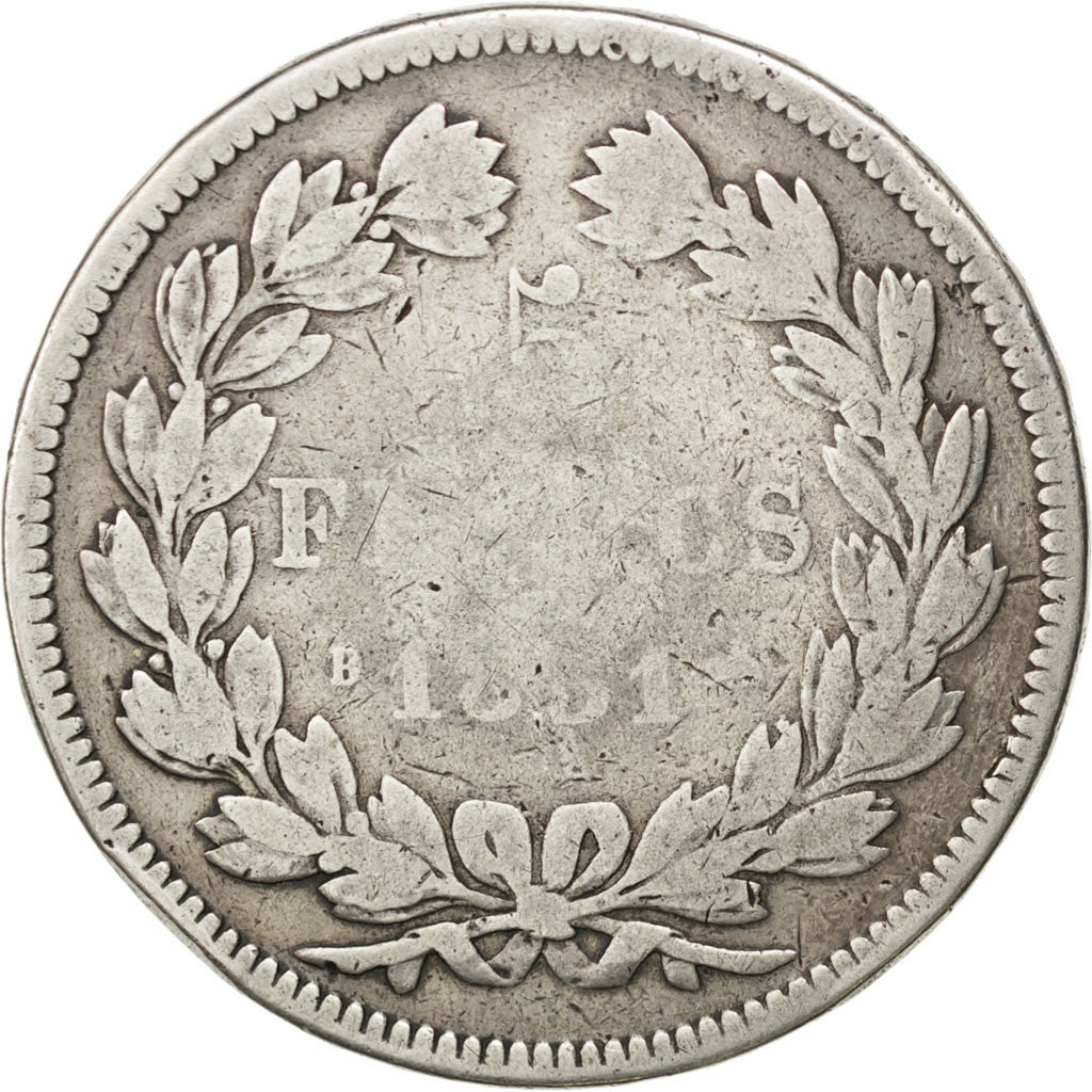Louis-Philippe I, 5 Francs tête laurée, 1831 B, Rouen, Gadoury 677a