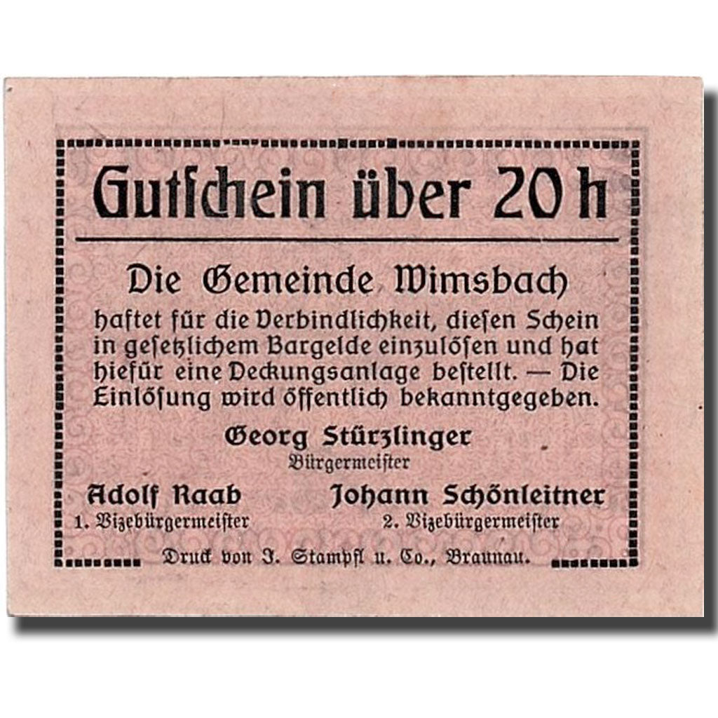 Banknote, Austria, Wimsbach, 20 Heller, paysan, UNC(63), Mehl:1240