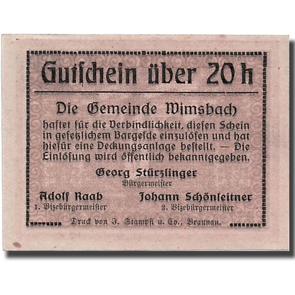 Banknote, Austria, Wimsbach, 20 Heller, paysage 1, UNC(63), Mehl:1240