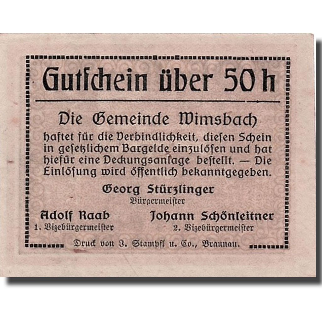 Banknote, Austria, Wimsbach, 50 Heller, paysage, UNC(63), Mehl:1240