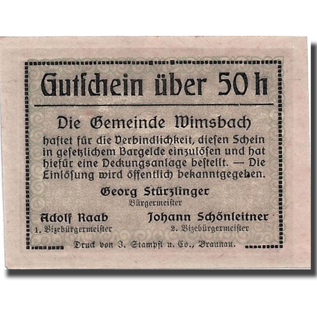 Banknote, Austria, Wimsbach, 50 Heller, paysage 1, UNC(63), Mehl:1240