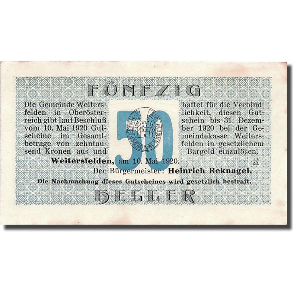 Geldschein, Österreich, Weitersfelden, 50 Heller, paysage, 1920, 1920-05-10