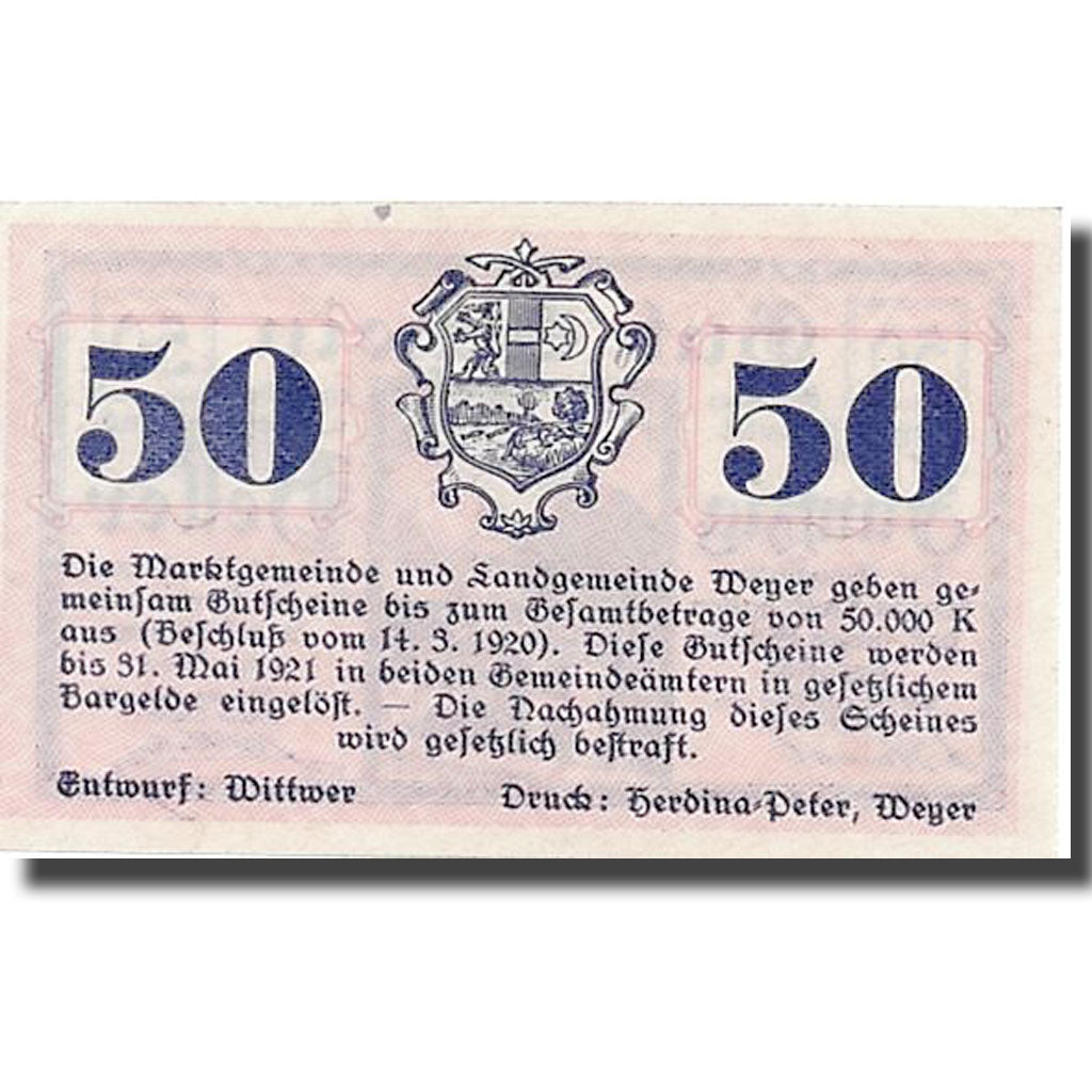 Banknote, Austria, Weyer Markt, 50 Heller, paysage, 1920, 1920-03-14, UNC(63)