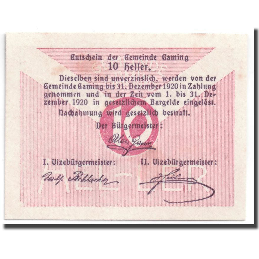 Geldschein, Österreich, Gaming, 10 Heller, Monument, UNZ-, Mehl:220a