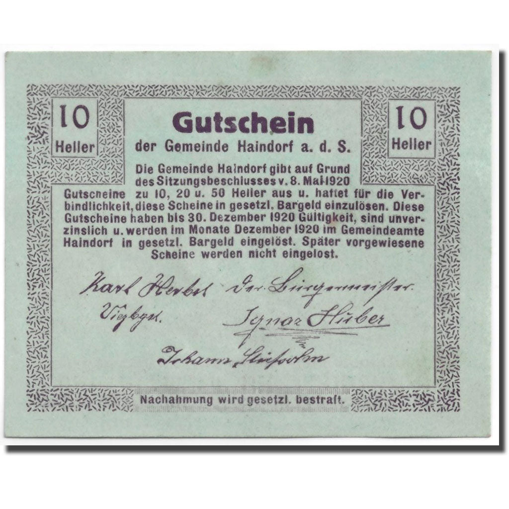 Geldschein, Österreich, Haindorf, 10 Heller, paysage, 1920, 1920-05-08, UNZ-