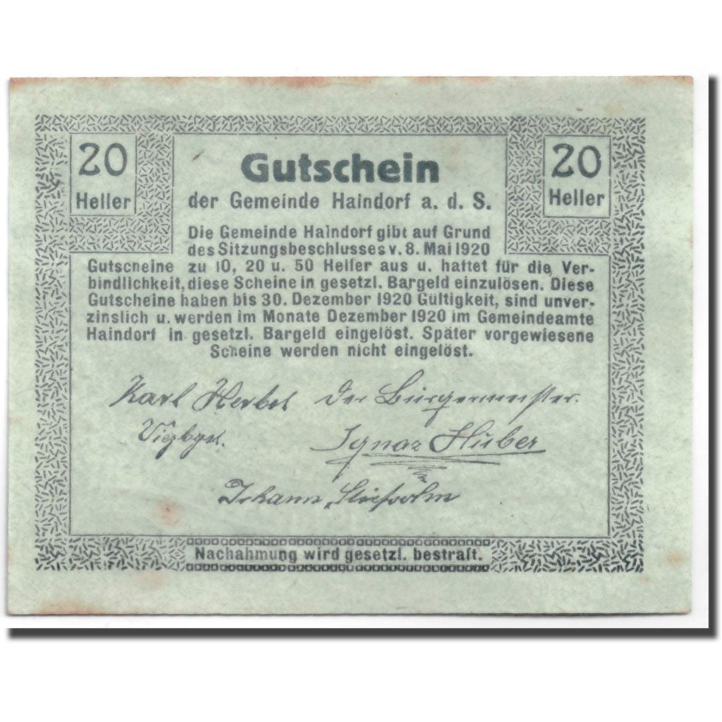 Geldschein, Österreich, Haindorf, 20 Heller, paysage, 1920, 1920-05-08, UNZ-