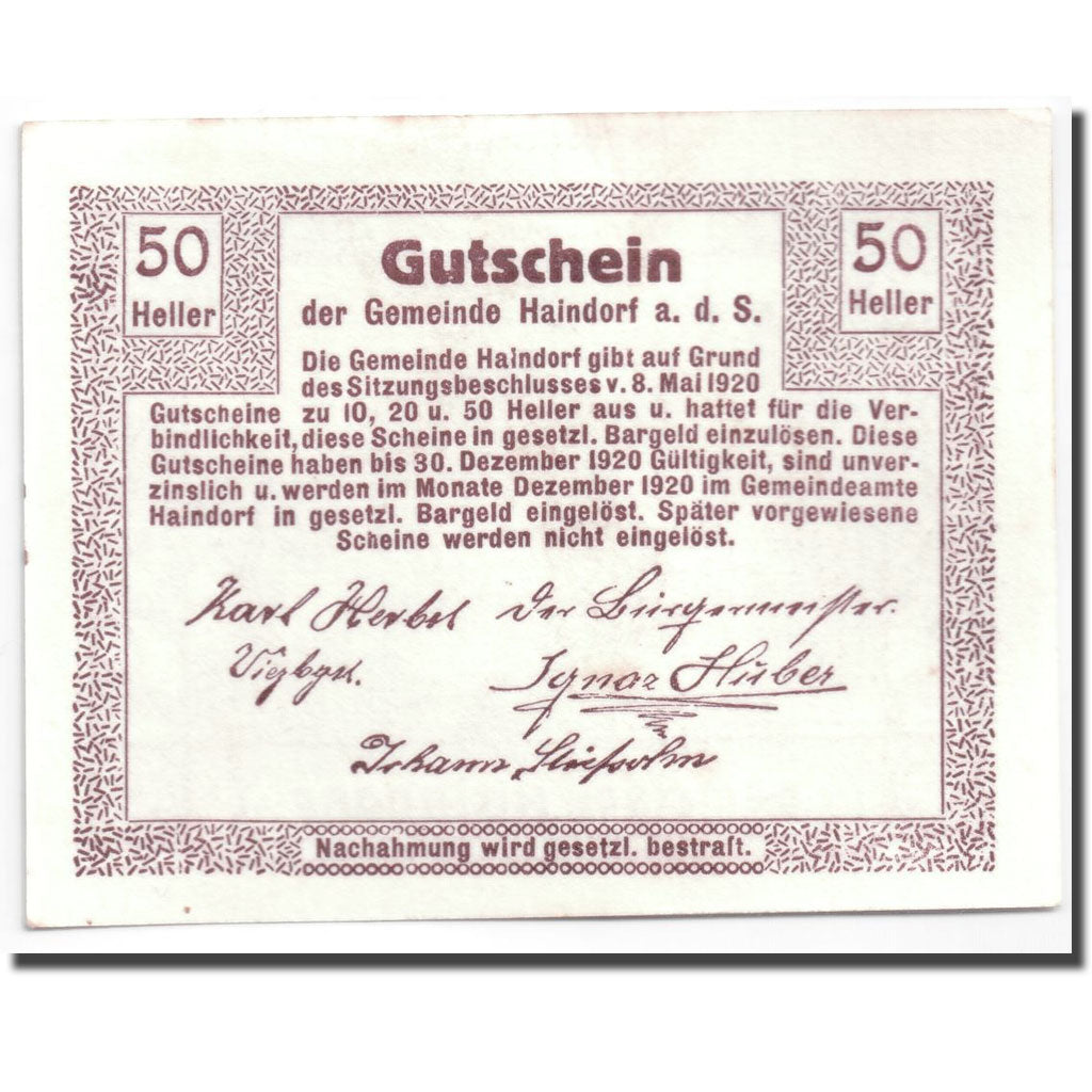 Banknote, Austria, Haindorf, 50 Heller, paysage, 1920, 1920-05-08, UNC(63)