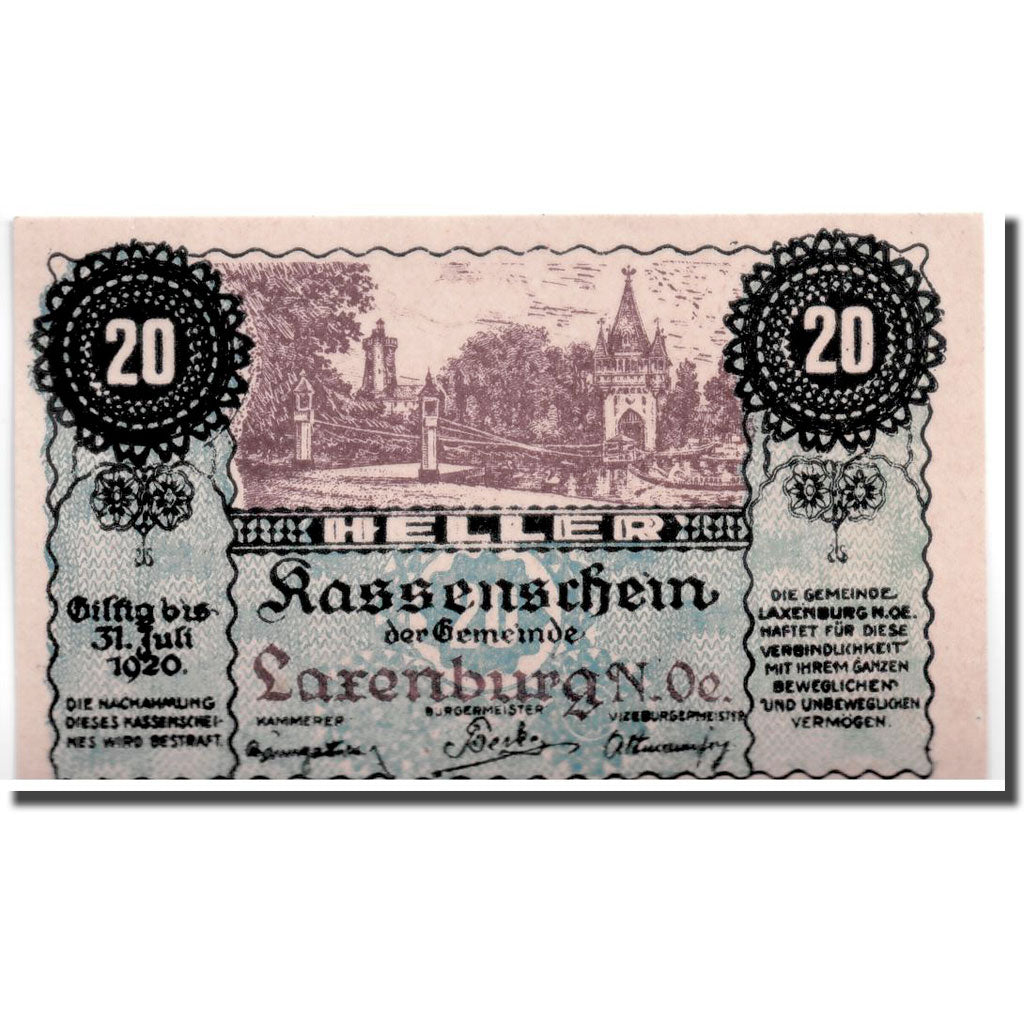 Banconote, Austria, Laxenburg, 20 Heller, pont, SPL, Mehl:507b
