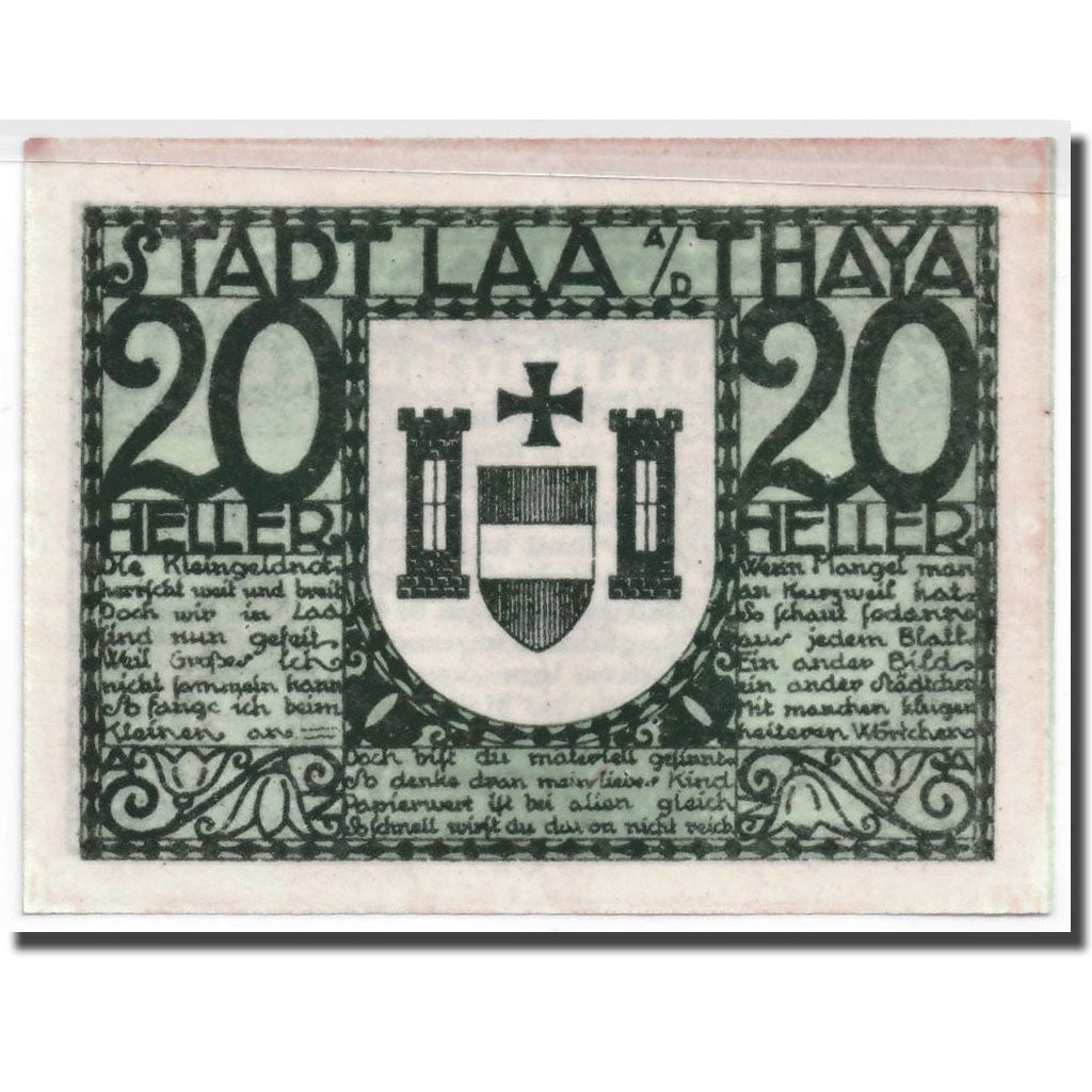 Billet, Autriche, Laa a/d Thaya, 20 Heller, Ecusson, SPL