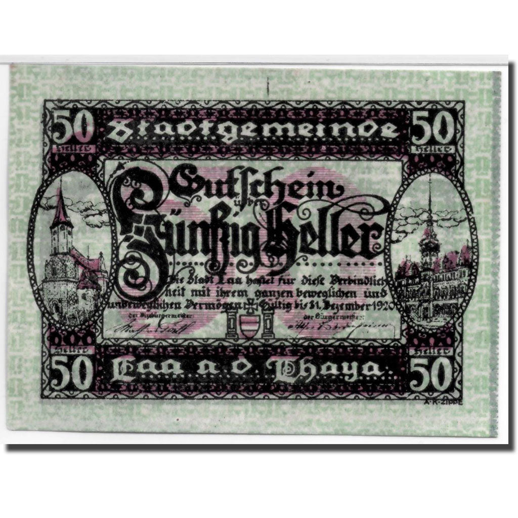 Banconote, Austria, Laa a/d Thaya, 50 Heller, Ecusson, SPL
