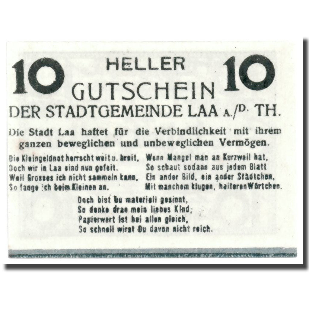 Billet, Autriche, Laa a/d Thaya, 10 Heller, graphique, SPL