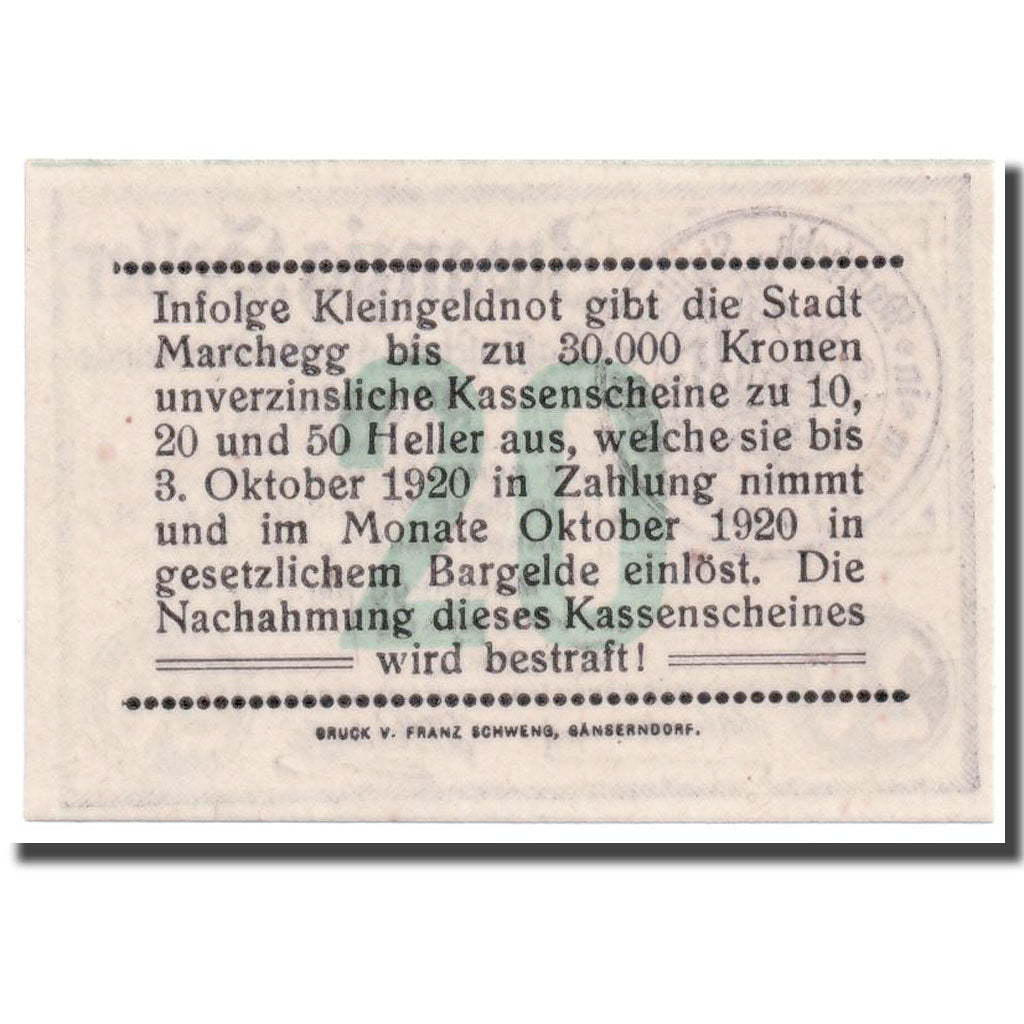 Banknote, Austria, Marchegg, 20 Heller, Ecusson, 1920, 1920-05-01, UNC(63)