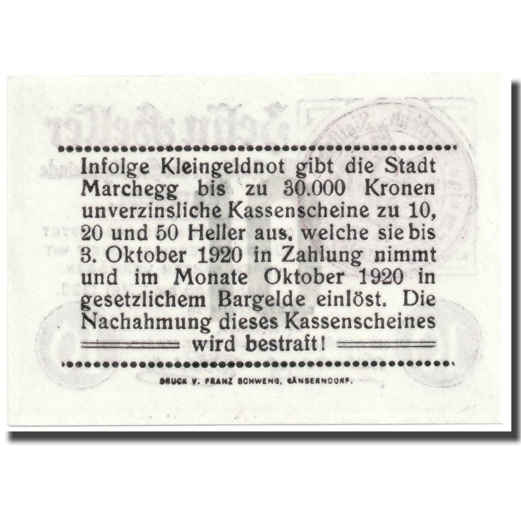 Banknote, Austria, Marchegg, 10 Heller, Ecusson, 1920, 1920-05-01, UNC(63)