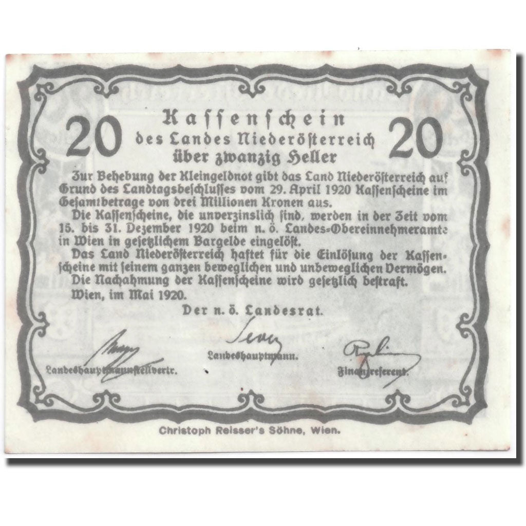 Banknote, Austria, Niederösterreich, 20 Heller, paysage, 1920, 1920-04-29