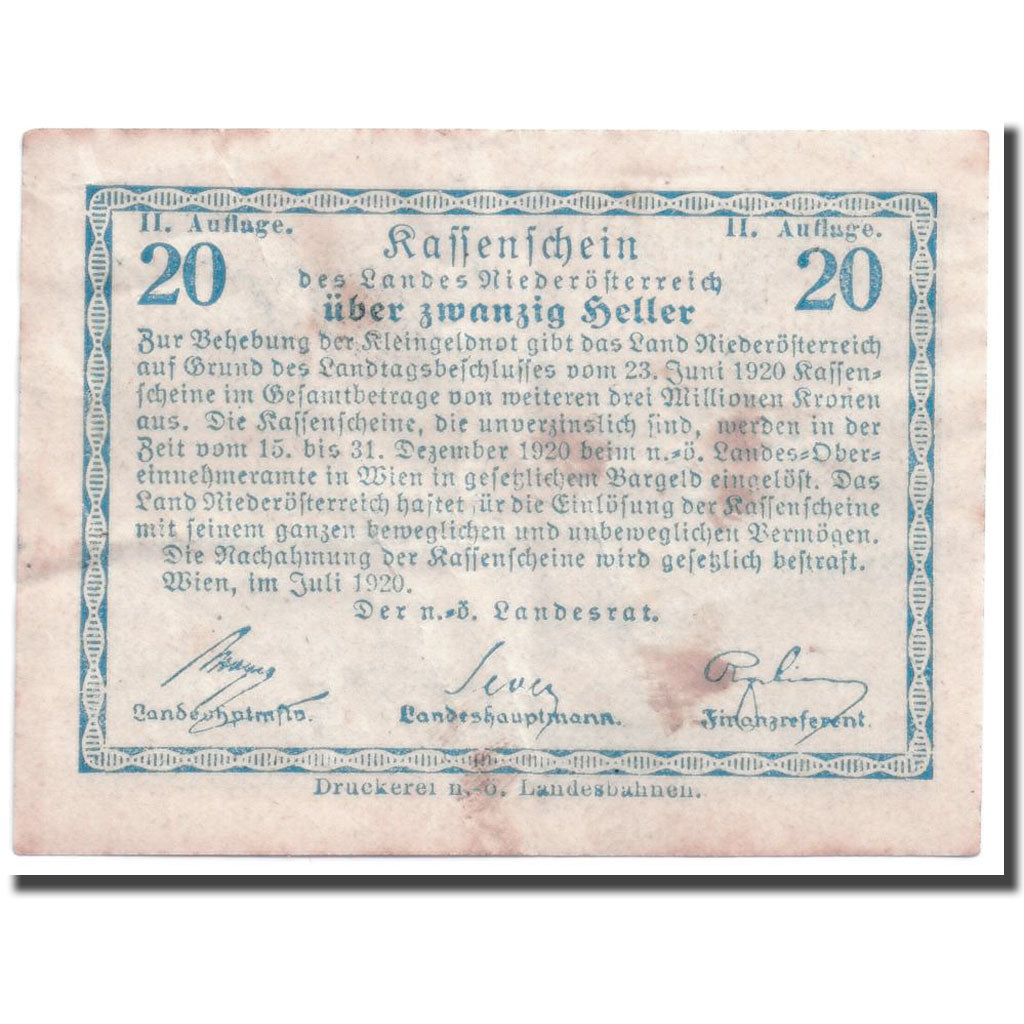 Banknote, Austria, Niederösterreich, 20 Heller, paysage, 1920, 1920-06-23
