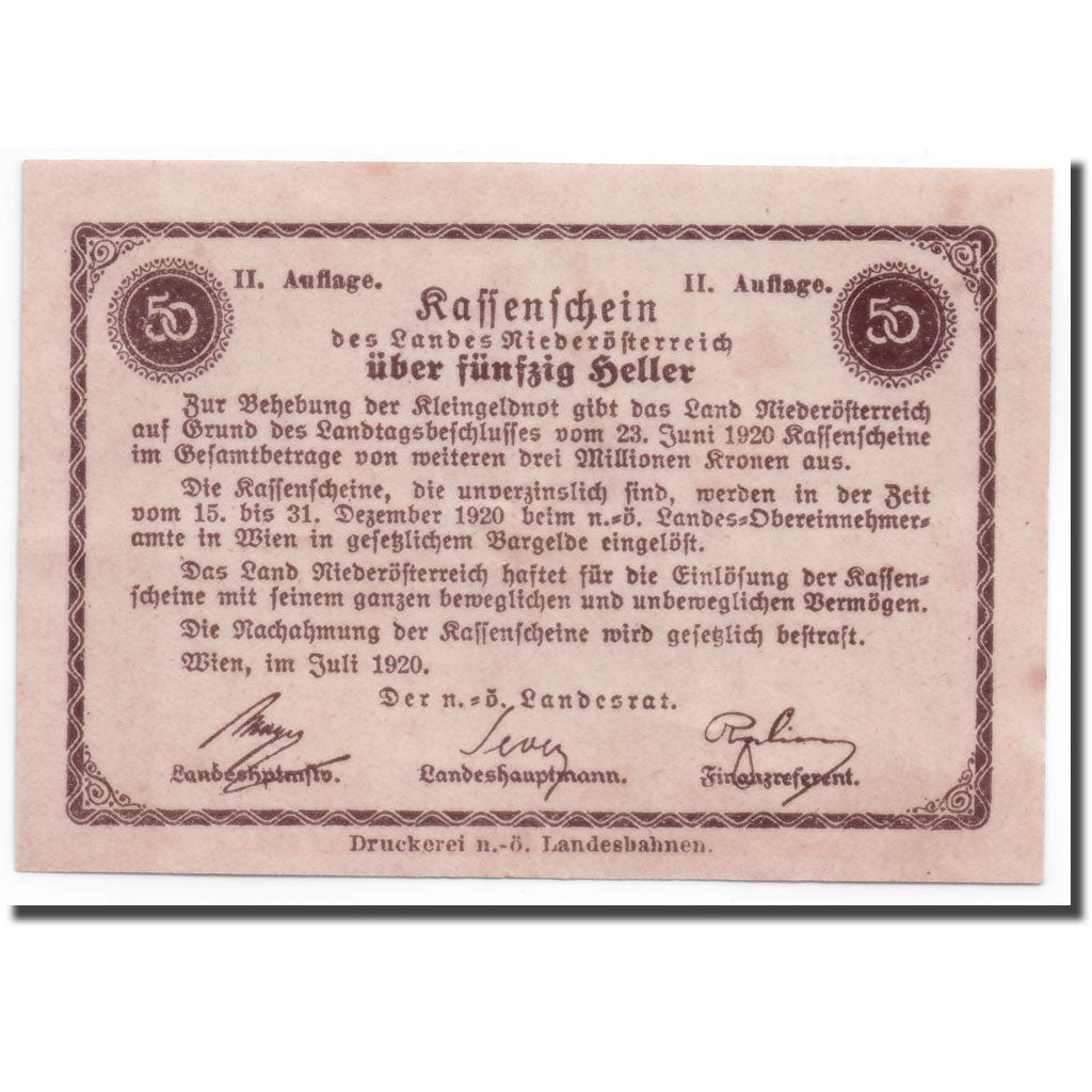 Banknote, Austria, Niederösterreich, 50 Heller, château, 1920, 1920-06-23