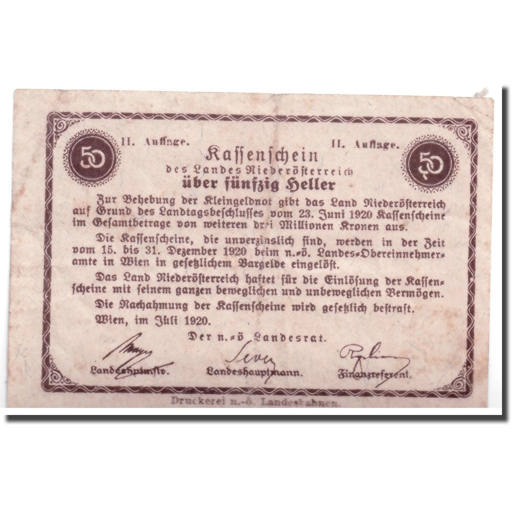 Banknote, Austria, Niederösterreich, 50 Heller, chateau 1, 1920, 1920-06-23
