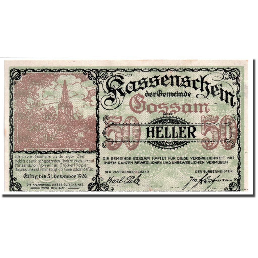 Geldschein, Österreich, Gossam, 50 Heller, Eglise, UNZ-, Mehl:FS 252b