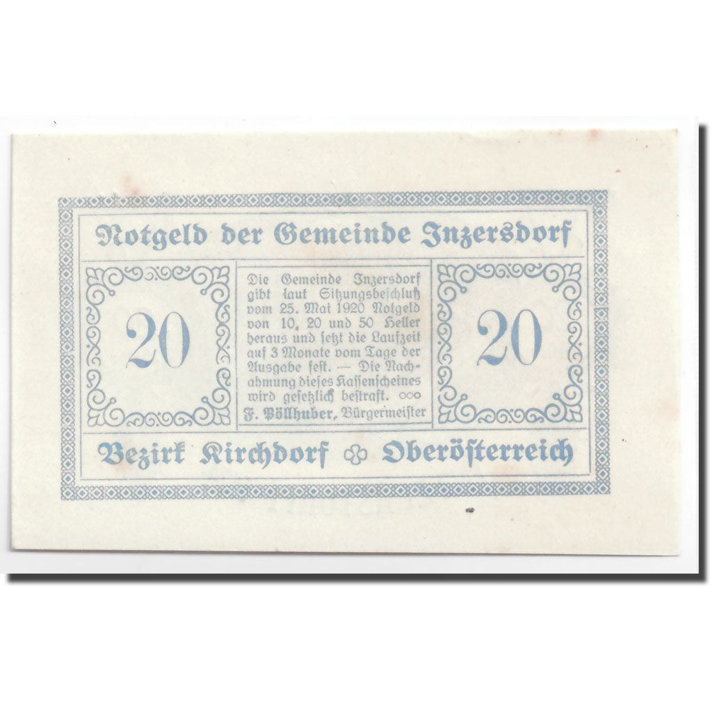 Geldschein, Österreich, Inzersdorf, 20 Heller, paysage, 1920, 1920-05-25, UNZ-