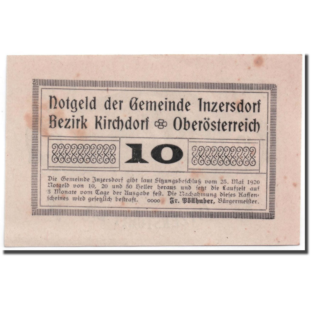 Geldschein, Österreich, Inzersdorf, 10 Heller, paysage, 1920, 1920-05-25, UNZ-