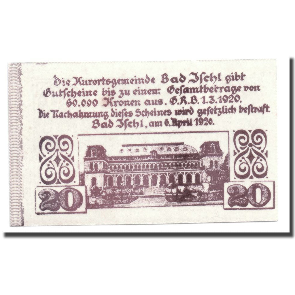 Banknote, Austria, Bad Ischl, 20 Heller, château, 1920, 1920-04-05, UNC(63)