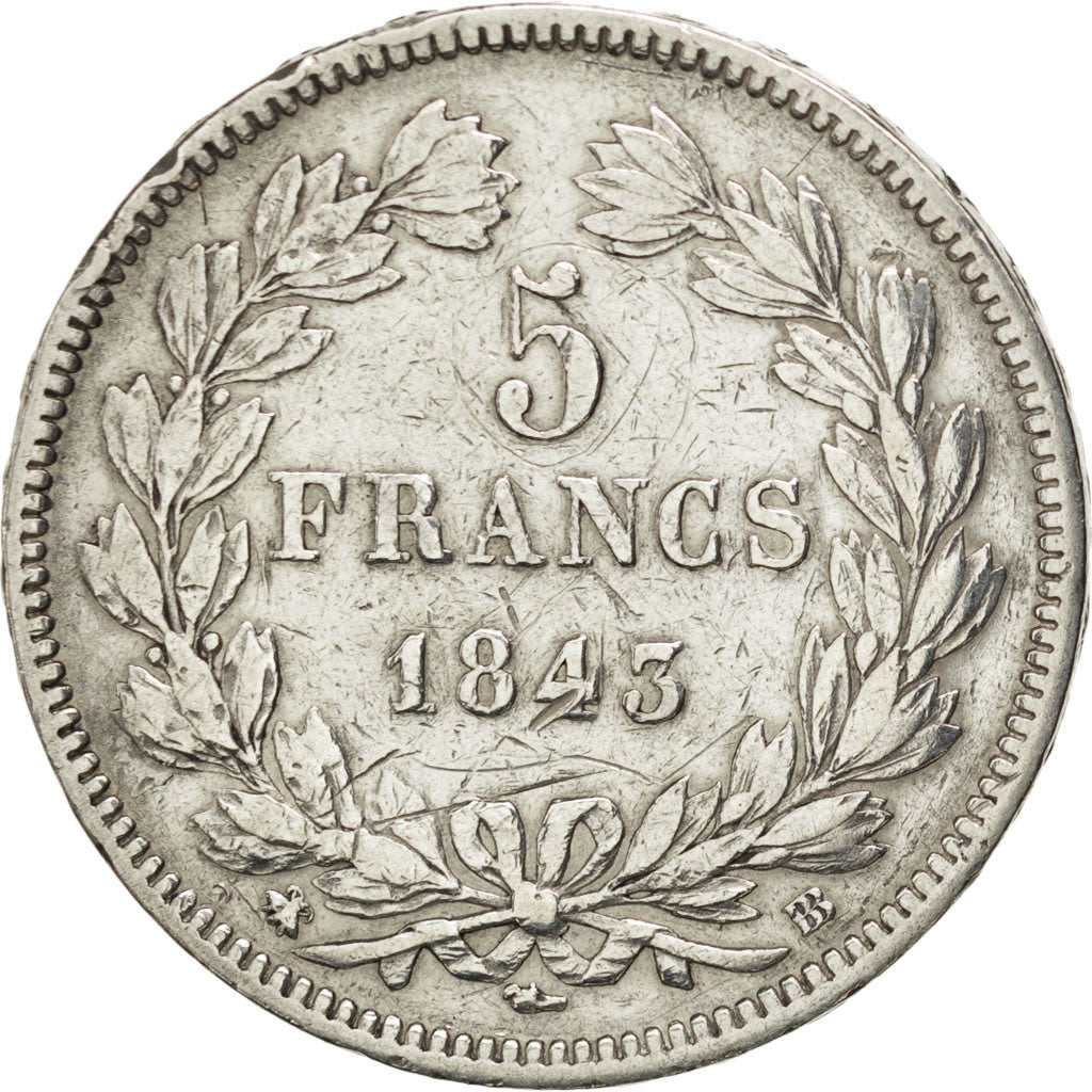 Louis-Philippe I, 5 Francs tête laurée, 1843 BB, Strasbourg, Gadoury 678