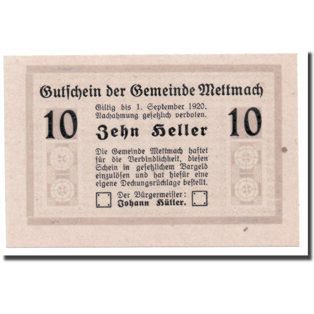 Geldschein, Österreich, Mettmach, 10 Heller, graphique, 1920, 1920-03-21, UNZ-