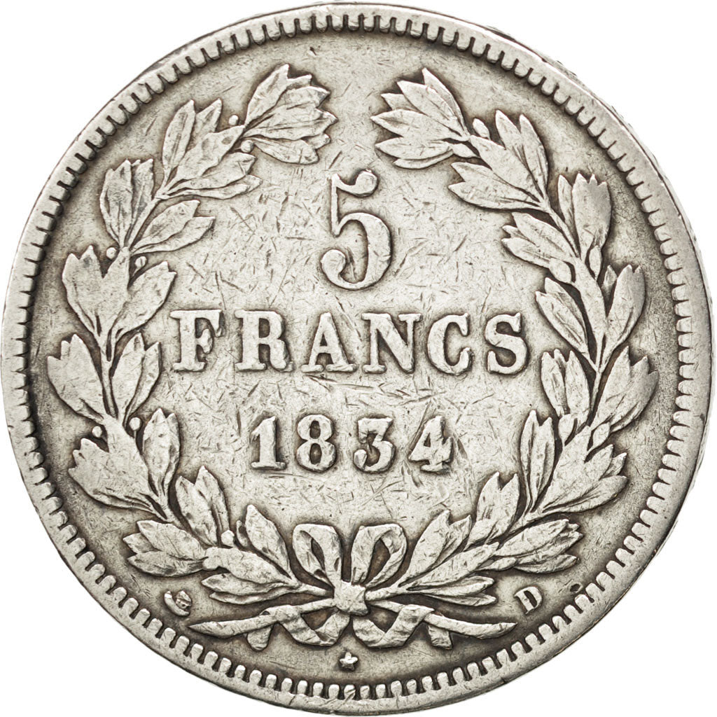 Louis-Philippe I, 5 Francs tête laurée, 1834 D, Lyon, Gadoury 678