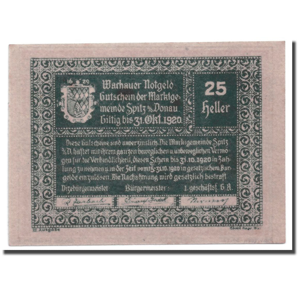 Billete, Austria, Spitz an der Donau, 25 Heller, Eglise, 1920, 1920-10-31, SC