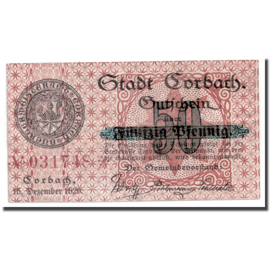 Geldschein, Österreich, Corbach Stadt, 50 Heller, Eglise, 1920, 1920-12-15