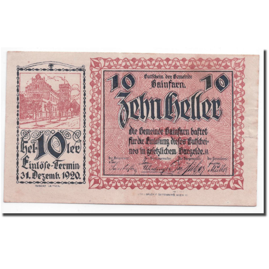 Banconote, Austria, Gainfarn, 10 Heller, Ecusson, 1920, 1920-05-26, SPL