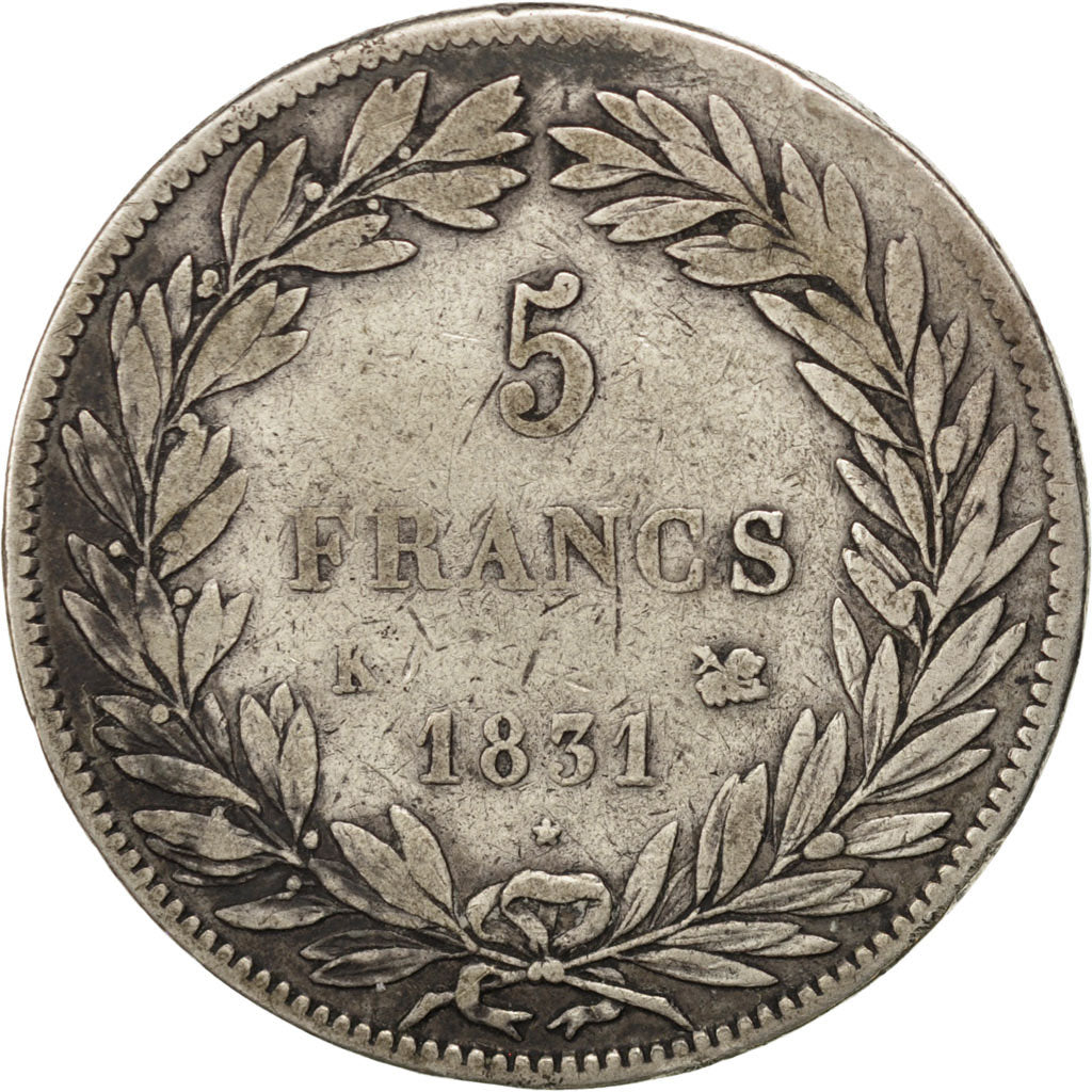 Moneta, Francia, Louis-Philippe, 5 Francs, 1831, Bordeaux, MB+, Argento