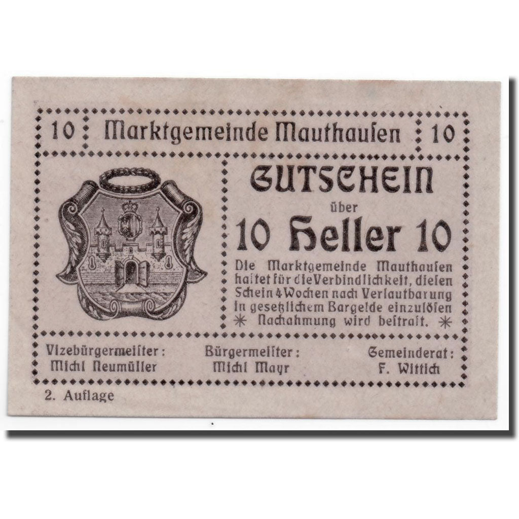 Banknote, Austria, Mauthausen, 10 Heller, personnage, UNC(63), Mehl:601 IIa