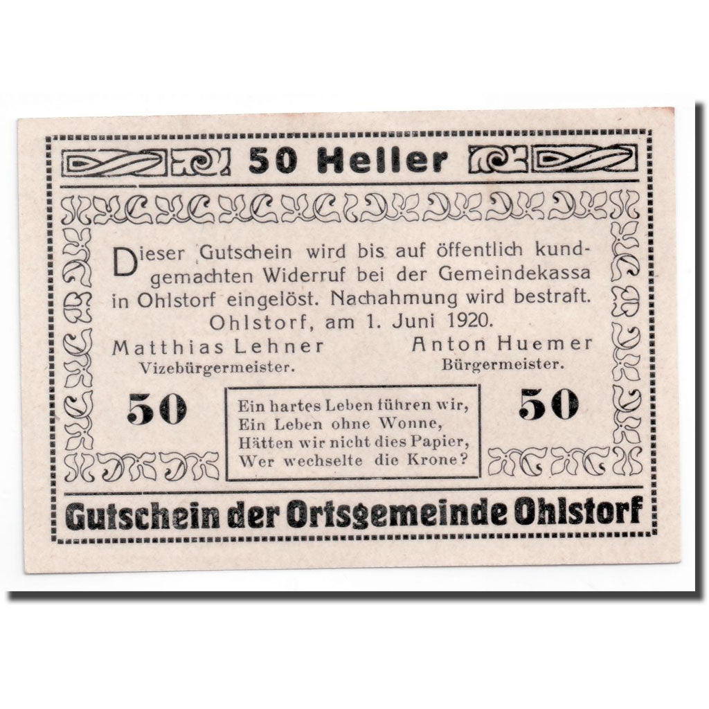 Banknote, Austria, Ohlstorf, 50 Heller, Eglise, 1920, 1920-06-01, UNC(63)