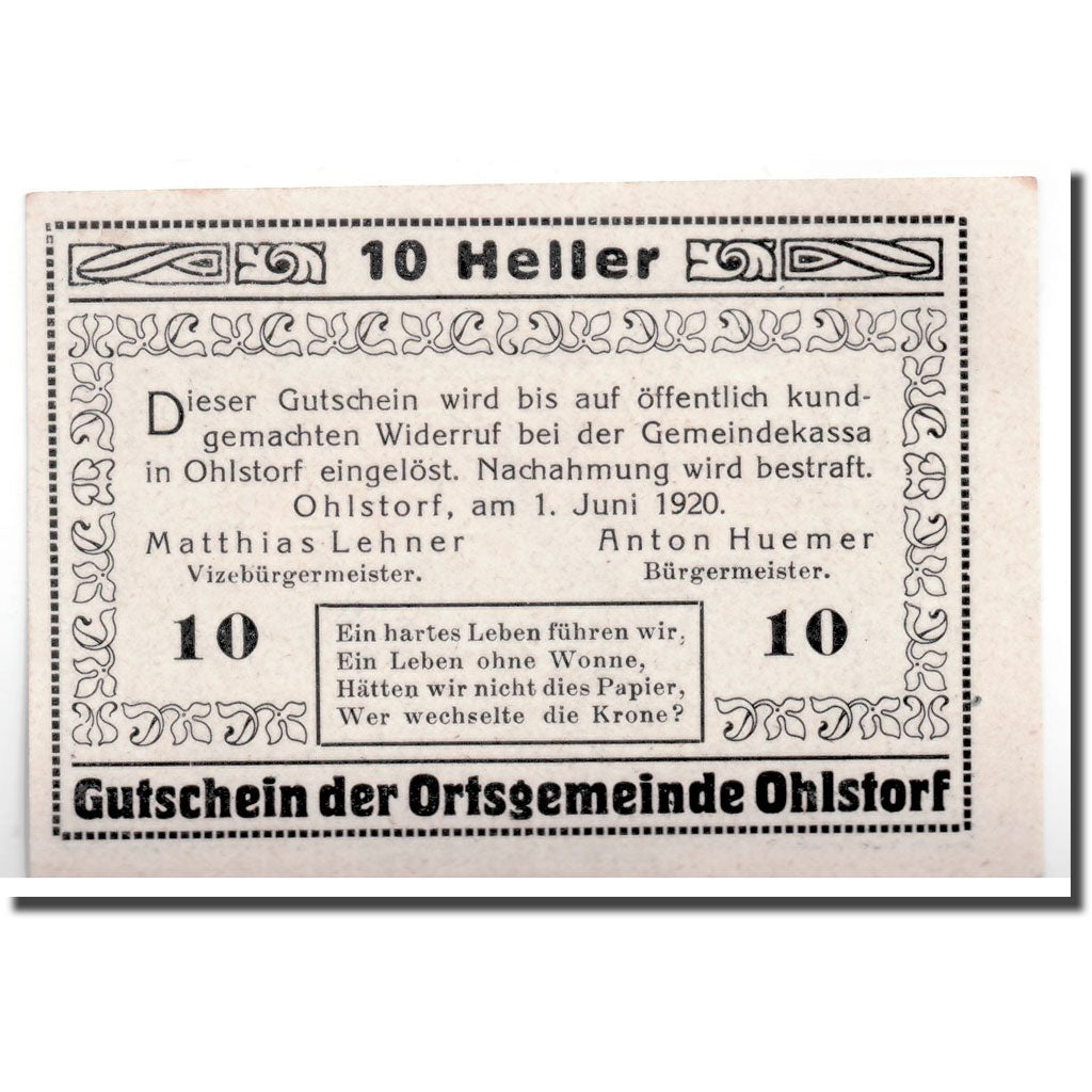 Banconote, Austria, Ohlstorf, 10 Heller, Eglise, 1920, 1920-06-01, SPL