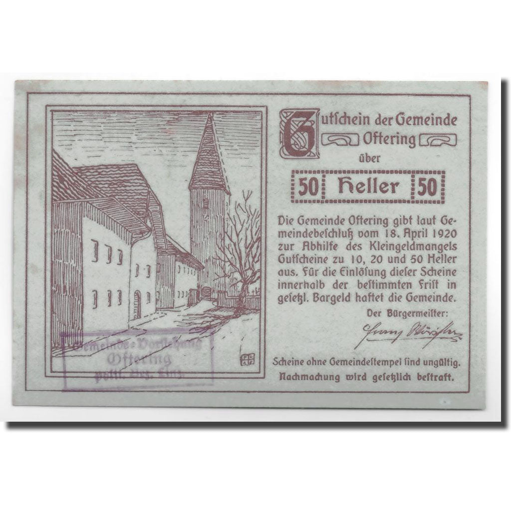 Banconote, Austria, Oftering, 50 Heller, château, 1920, 1920-04-18, SPL