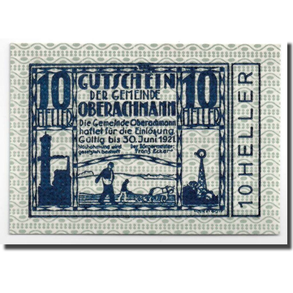 Banknote, Austria, Oberachmann, 10 Heller, Agriculture et Industrie, 1920