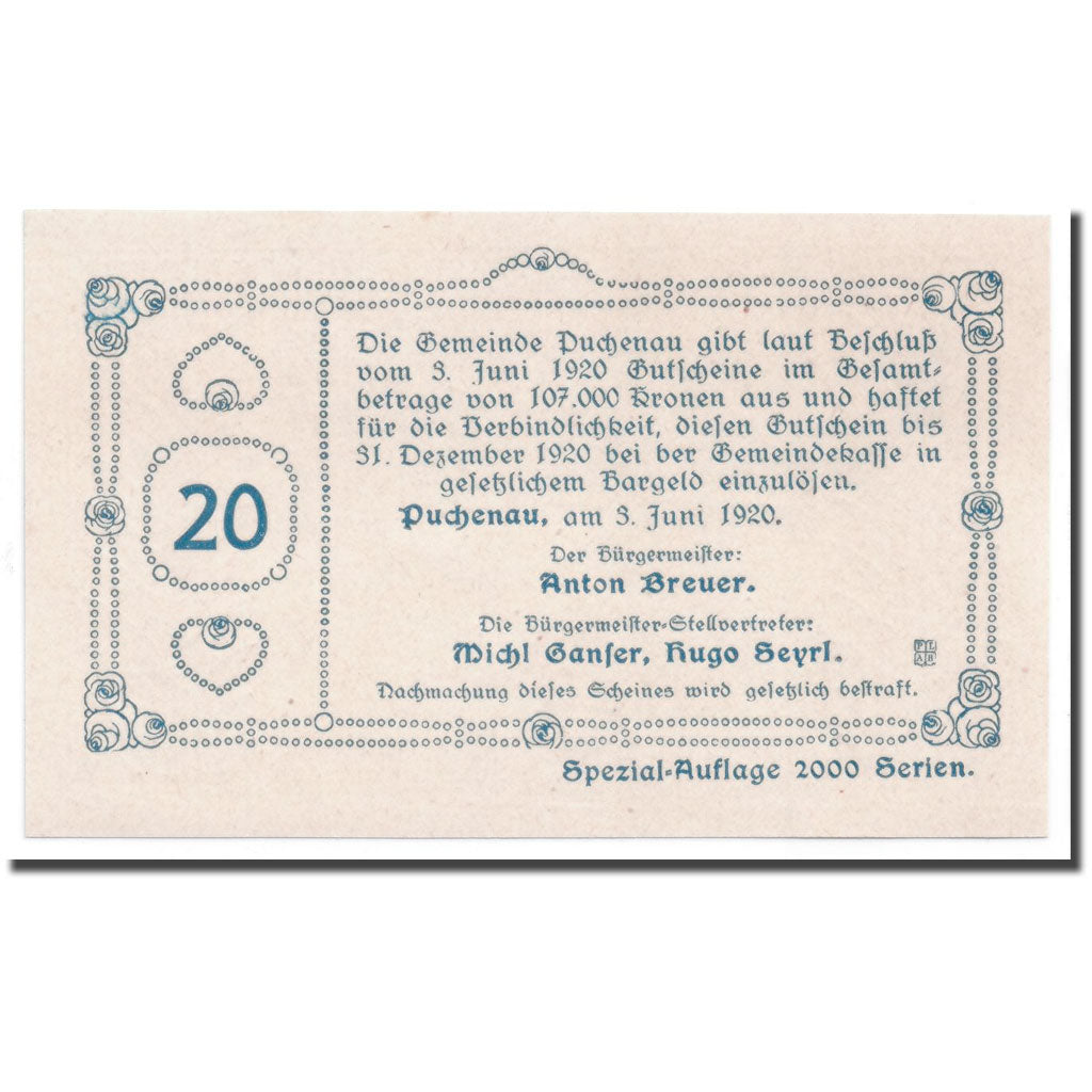 Geldschein, Österreich, Puchenau, 20 Heller, paysage, 1920, 1920-06-03, UNZ-