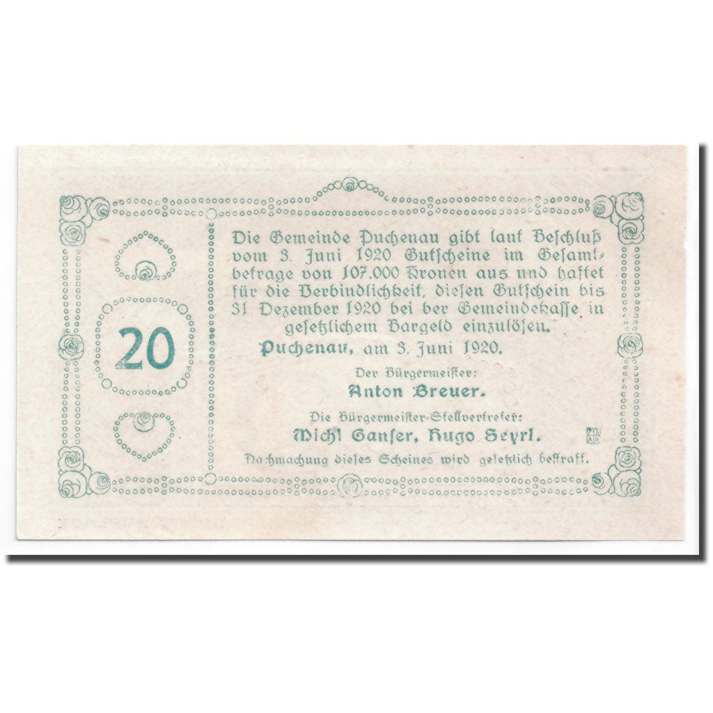 Banknote, Austria, Puchenau, 20 Heller, paysage 1, 1920, 1920-06-03, UNC(63)
