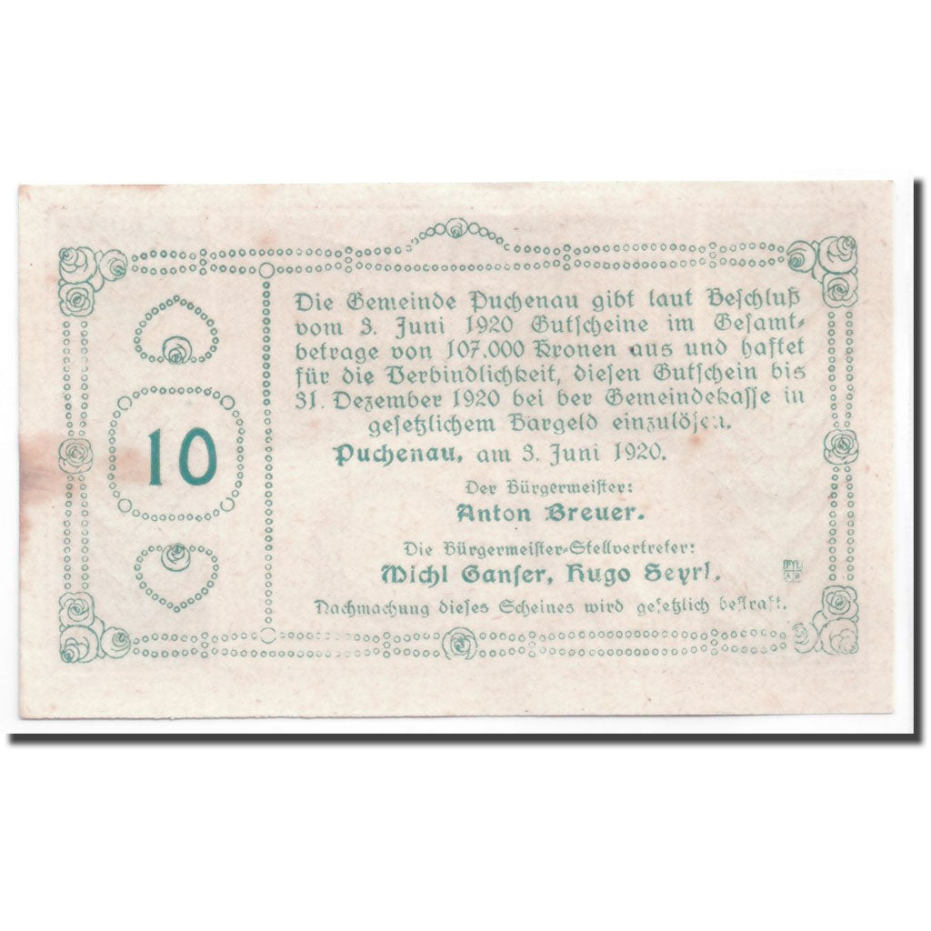 Geldschein, Österreich, Puchenau, 10 Heller, paysage, 1920, 1920-06-03, UNZ-
