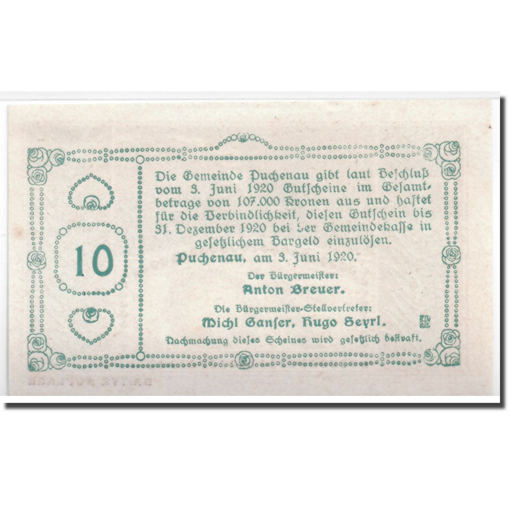 Banknote, Austria, Puchenau, 10 Heller, paysage 1, 1920, 1920-06-03, UNC(63)