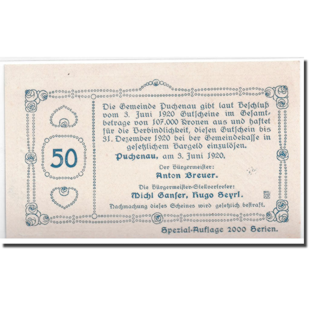 Banknote, Austria, Puchenau, 50 Heller, paysage, 1920, 1920-06-03, UNC(63)