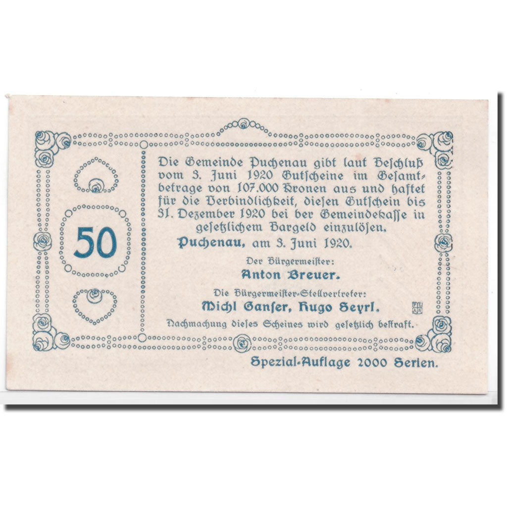 Banknote, Austria, Puchenau, 50 Heller, paysage 1, 1920, 1920-06-03, UNC(63)