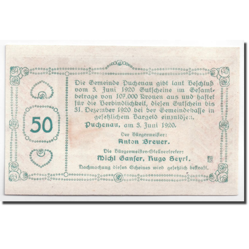 Banknote, Austria, Puchenau, 50 Heller, paysage 3, 1920, 1920-06-03, UNC(63)