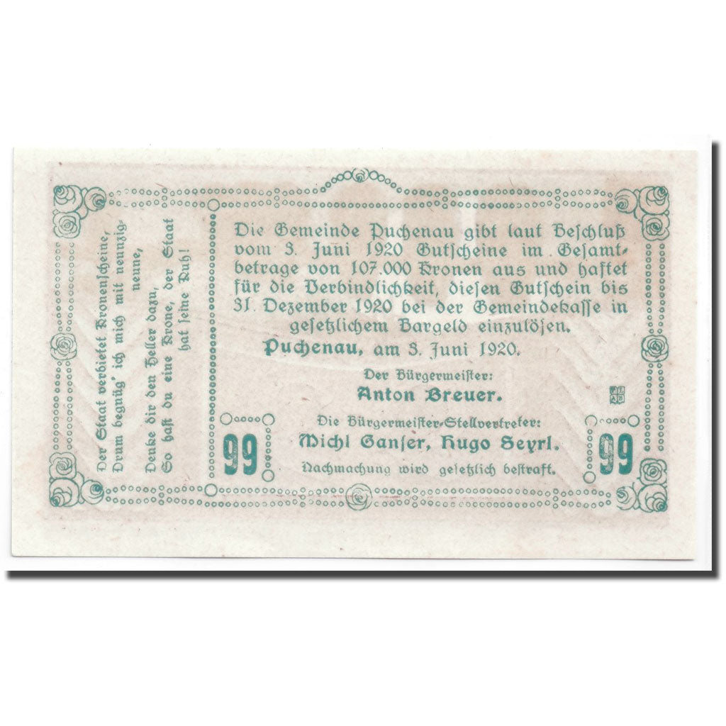 Banknote, Austria, Puchenau, 99 Heller, paysage, 1920, 1920-06-03, UNC(63)