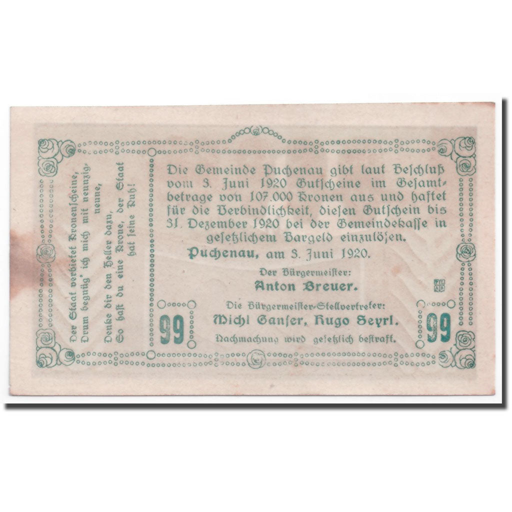 Banknote, Austria, Puchenau, 99 Heller, paysage 1, 1920, 1920-06-03, UNC(63)