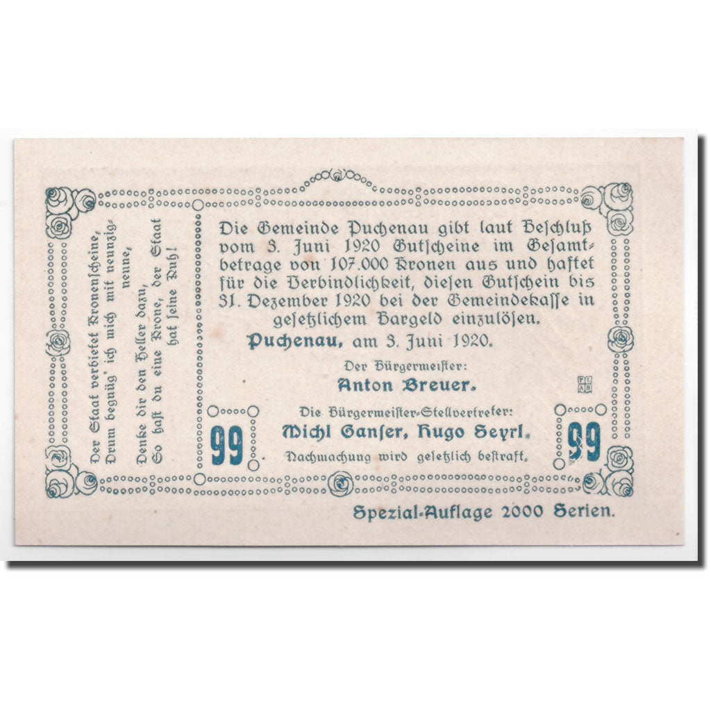 Banknote, Austria, Puchenau, 99 Heller, paysage 2, 1920, 1920-06-03, UNC(63)