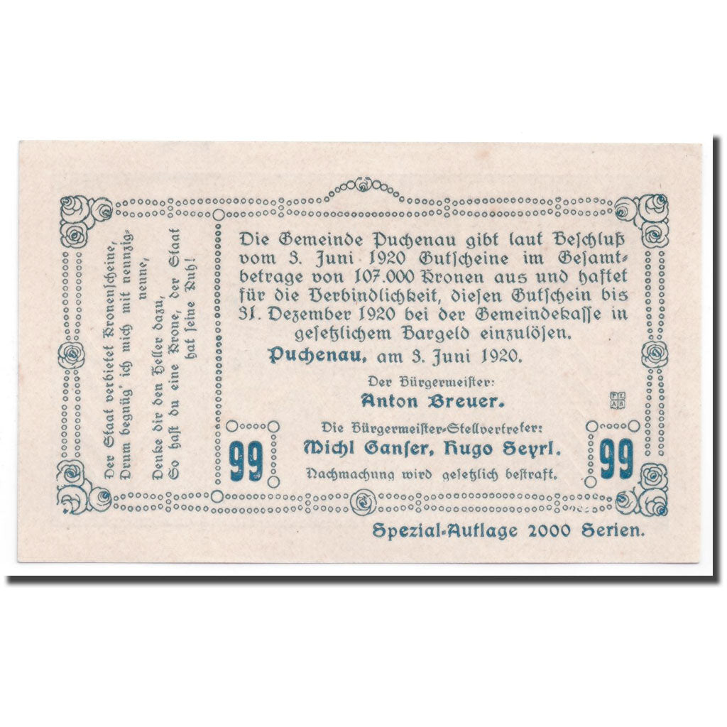 Banknote, Austria, Puchenau, 99 Heller, paysage 3, 1920, 1920-06-03, UNC(63)