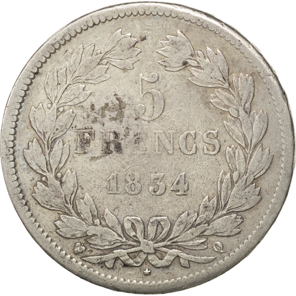 FRANCE, Louis-Philippe, 5 Francs, 1834, Perpignan, KM #749.11, VF(20-25),...